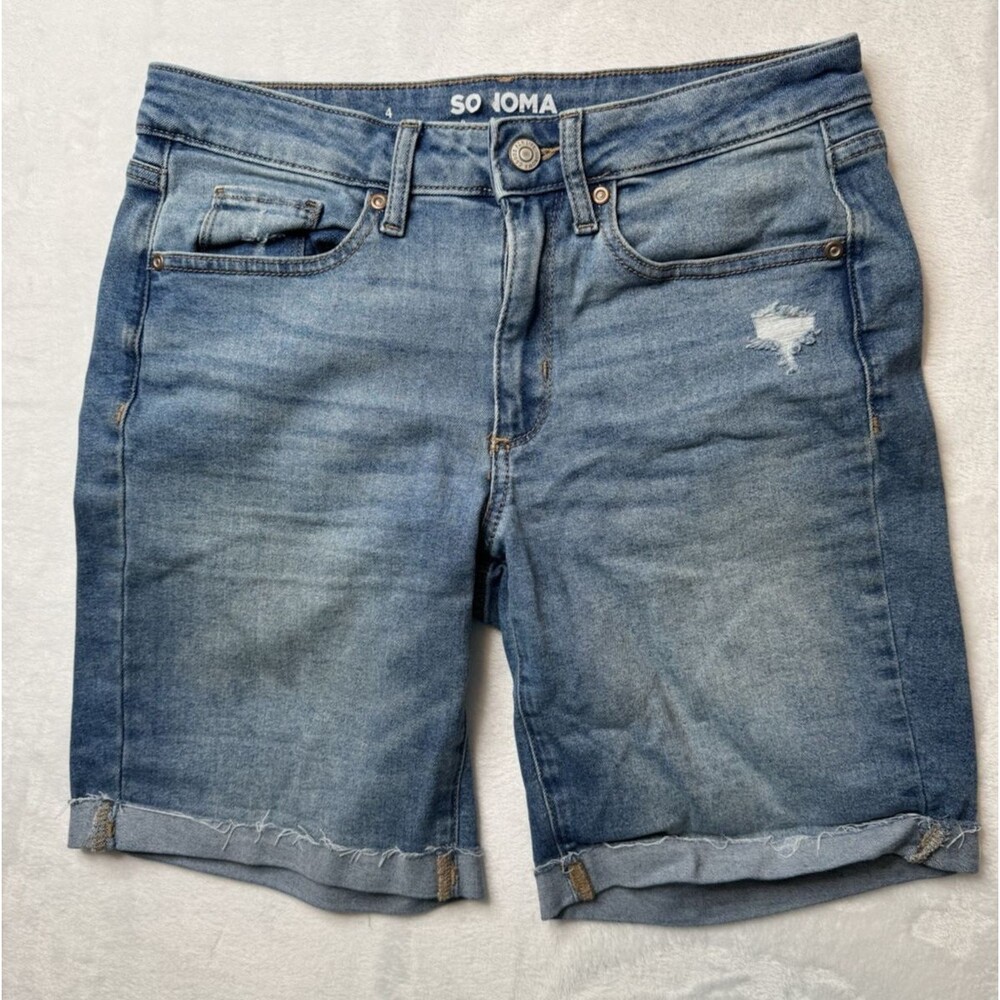 Sonoma Size 4 Womens Shorts Bermuda Cuff Hem Stretch Mid Rise Med Wash